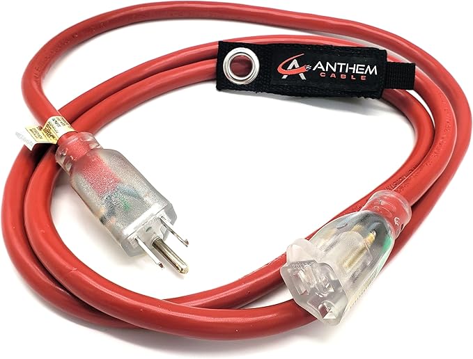6 ft - 14 Gauge Extension Cord Outdoor - Made in USA - Lighted on Both Ends - Red Outdoor Extension_Cord Waterproof by Anthem Cable - Heavy Duty ExtensionCord 6 ft 15 Amp Extension