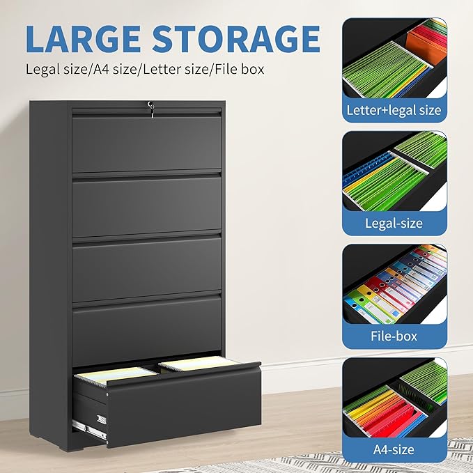 File Cabinets 5 Drawer,Metal Office Storage Filing Cabinet with Lock,Black Lateral Filing Cabinet for Home Office,Horizontal Locking File Cabinet for Legal/Letter/A4,Assembly Require,Black