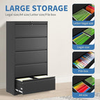 File Cabinets 5 Drawer,Metal Office Storage Filing Cabinet with Lock,Black Lateral Filing Cabinet for Home Office,Horizontal Locking File Cabinet for Legal/Letter/A4,Assembly Require,Black