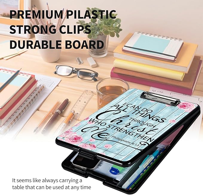 A4 Clipboards,Heavy Duty Waterproof Nursing Plastic Folder Clipboard with Storage Clip Boards,File Folder Storage Box Clipboard Case for Teacher,Doctor,Offices,Bible Verses Philippians 4-13