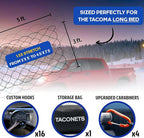 Cargo Net for Toyota Tacoma Long Bed - Fits 2005-2025 - Patented Bed Rail Integration - Heavy Duty 8mm Premium Bungee 3'x5' Cargo Netting - Designed in USA