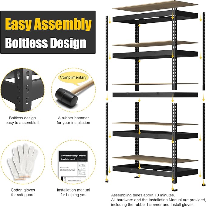 PrimeZone 48" W x 24" D x 72" H Heavy Duty Storage Shelves, 5 Tier Adjustable Garage Shelving Unit, Metal Organizer Shelf Utility Rack for Warehouse Pantry Closet Kitchen, Black, 8 Pack