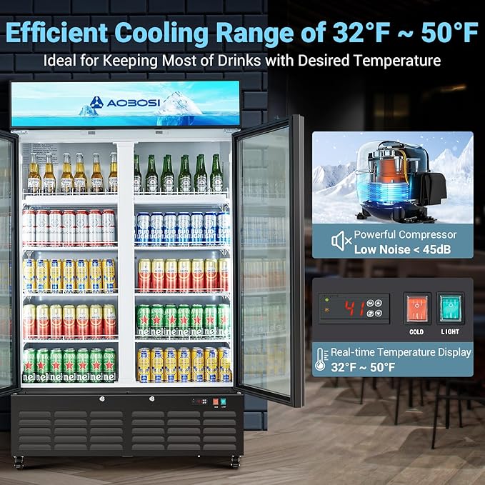 AAOBOSI Commercial Merchandiser Refrigerator,27.02 Cu.Ft Glass Door Display Refrigerator,Upright Beverage Cooler Fridge with Soft LED Light, Customizable Lightbox,Universal Casters,Adjustable Shelves