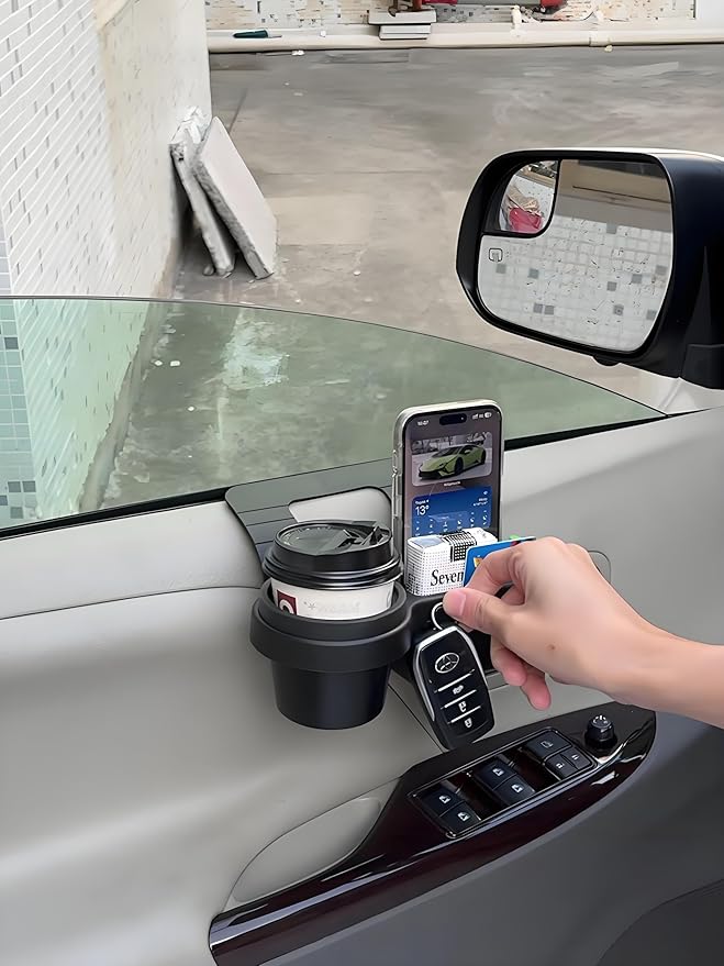 GDQ 4-in-1 Car Window Organizer - Clip-On Cup Holder & Phone Mount with Hooks | No Drill Universal Fit for SUV/Truck/Sedan | Insert Installatio（1 Pack）