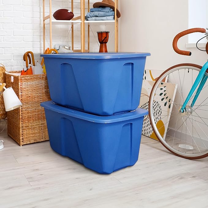 HOMZ 2-Pack Durable Molded Bin, Plastic Storage Containers with Lids, 32 Gallon, Blue - Stackable Organizer Totes and Boxes for Bedroom, Kitchen, and Garage Organization