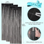 3 Pack 3.3x8.2 Feet Black Foil Fringe Backdrop Curtains, Tinsel Streamers Birthday Party Decorations, Fringe Backdrop for Graduation, New Years, Halloween, Disco Party