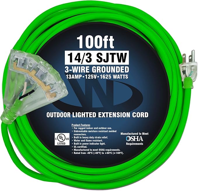 100 ft Outdoor Extension Cord Waterproof - 14 Gauge Heavy Duty Extension Cord 100 ft - Lighted Outdoor Extension Cords with Multiple Outlets - Watts Wire - 100' Grounded - extensiones electricas