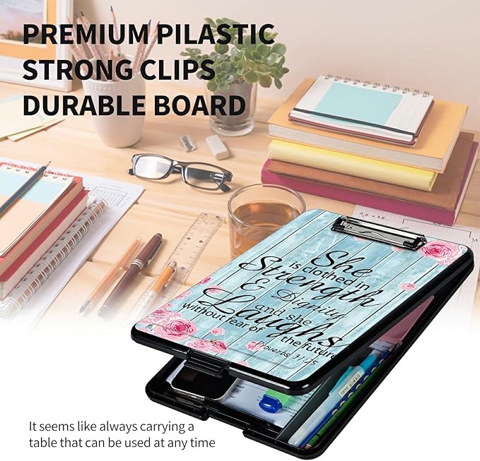 A4 Clipboards,Heavy Duty Waterproof Nursing Plastic Folder Clipboard with Storage Clip Boards,File Folder Storage Box Clipboard Case for Teacher,Doctor,Offices,Bible Quote Proverbs 31-25