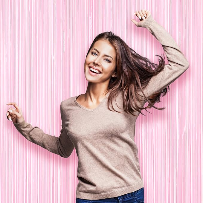 3 Pack 3.3 x 8.2 ft Pasel Pink Foil Fringe Backdrop Curtains, Tinsel Streamers Birthday Party Decorations, Fringe Backdrop for Graduation, Baby Shower, Gender Reveal, Disco Party