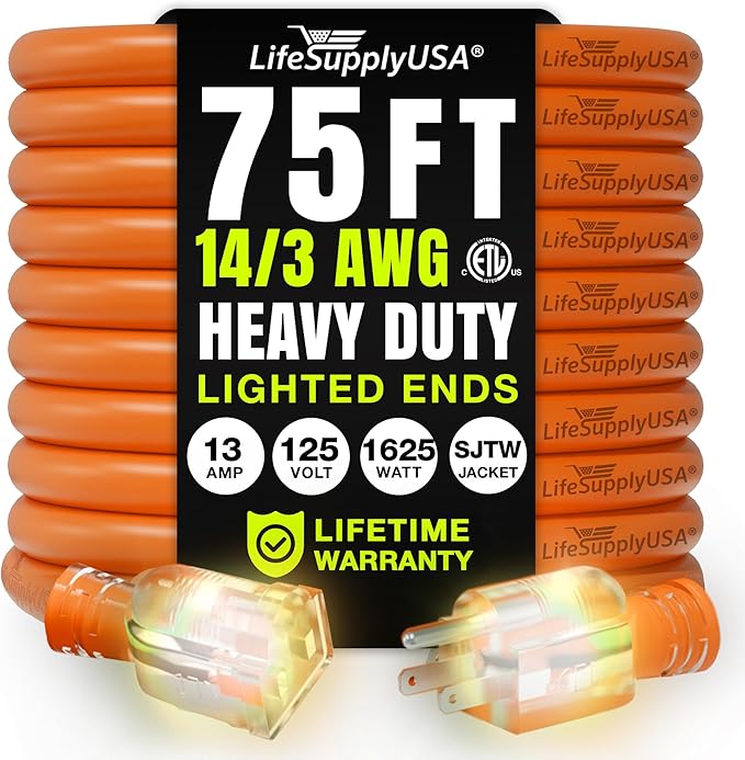 75ft Outdoor/Indoor Extension Cord 14/3 Gauge Heavy Duty 3 Prong SJTW, Waterproof, ETL Listed, Flexible Cold-Resistant Long Power Cord,13A 125V 1625W, Orange by LifeSupplyUSA