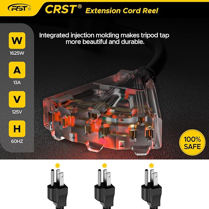 CRST 50 FT Retractable Extension Cord Reel, 14AWG/3C SJTOW Heavy Duty Power Cord with 3 Grounded Outlets Lighted Triple Tap, 13A Circuit Breaker, 180° Swivel Bracket, ETL Listed