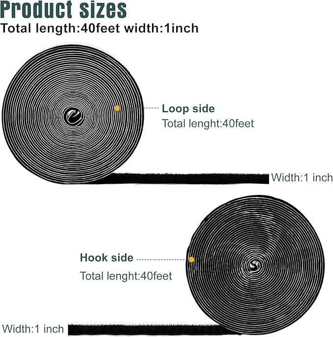 Navona 40Ft x 1Inch Hook and Loop Strips with Adhesive, Heavy Duty Self Adhesive Tape with Back, Strong Sticky Back Fastener Roll for Home, Office, School, Crafting, Black