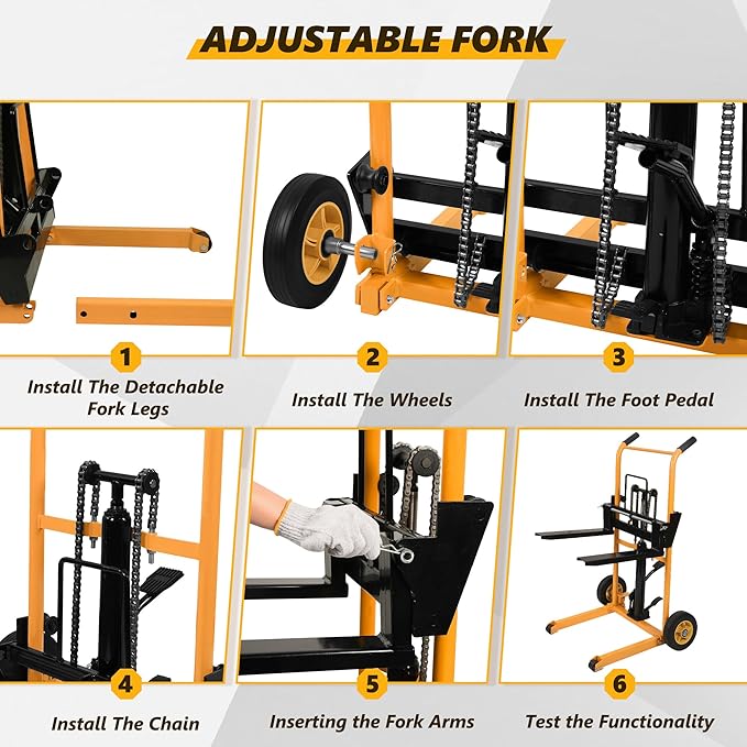 Manual Forklift Pallet Stakcer 43.3" Lift Height with Adjustable Forks and Fixed Legs Pallet Truck Dolly Stacker, 450 Lbs Capacity Hydraulic Material Lift for Supermarket, Warehouse, and Household