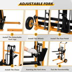 Manual Forklift Pallet Stakcer 43.3" Lift Height with Adjustable Forks and Fixed Legs Pallet Truck Dolly Stacker, 450 Lbs Capacity Hydraulic Material Lift for Supermarket, Warehouse, and Household