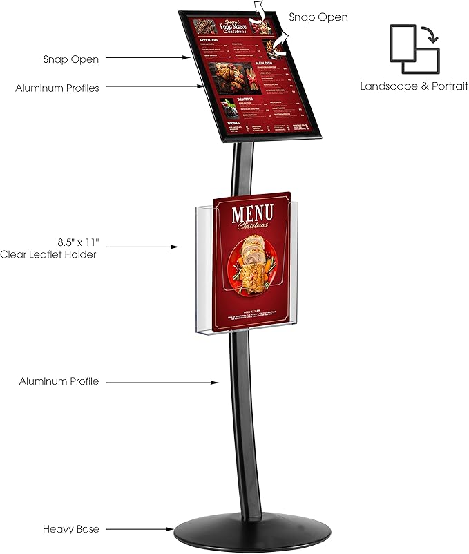 M&T Displays Curved Menu Board 8.5x11 Inch Pedestal Sign Holder with 8.5x11 Inch Brochure Holder Black Floor Standing Aluminum Front Loading Easy Open Poster Message Advertisement Post