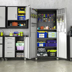 Metal Garage Storage Cabinet on Wheels, Lockable Rolling Tool Cabinet with Doors and Adjustable Shelves, Heavy Duty Mobile Tool Cabinets for Garage Warehouse Workshop
