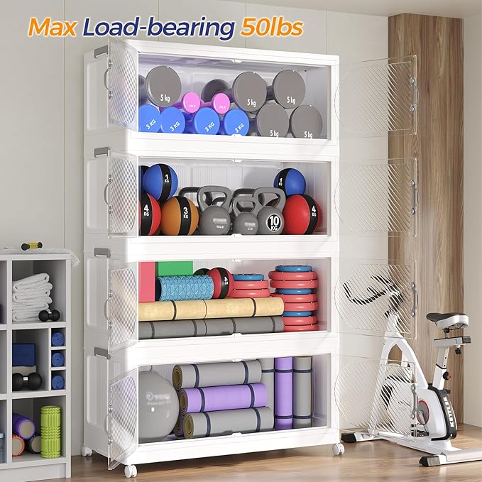 600QT Extra Large Stackable Storage Bins with Lid & Wheels & Doors, 150Gal Foldable Collapsible Closet Organizers, Plastic Cabinet Box Container Drawer for Home Kitchen Bedroom, 5Pack White