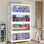 600QT Extra Large Stackable Storage Bins with Lid & Wheels & Doors, 150Gal Foldable Collapsible Closet Organizers, Plastic Cabinet Box Container Drawer for Home Kitchen Bedroom, 5Pack White