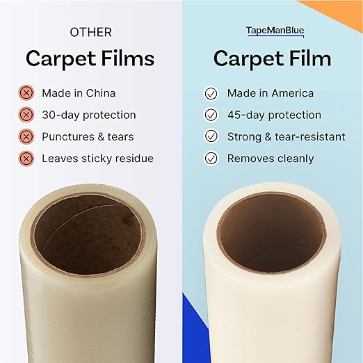 TapeManBlue Carpet Protection Film, 24 inch x 500 feet, Made in The USA, Strong and Durable Plastic Carpet Protector with Easy Unwind and Clean Removal, Clear Self-Adhesive Surface Protective Film