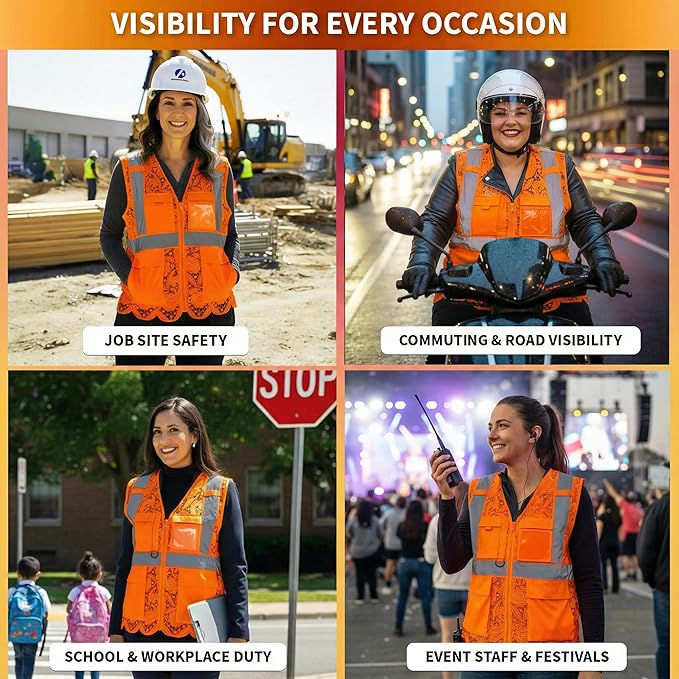 Lace-Mesh Safety Vest for Women & Men - Breathable, High Visibility Vest with Zipper & ANSI Class 2 Reflective Strips