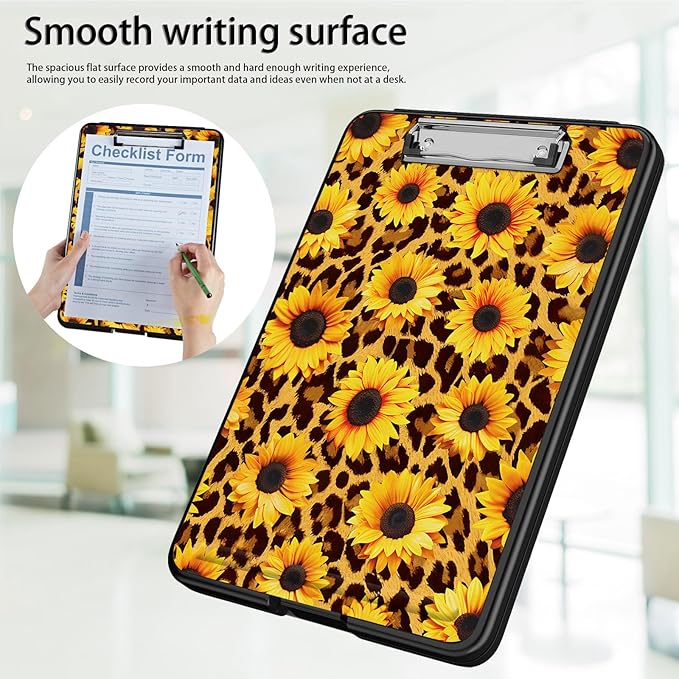 Clipboard with Storage,Office Supplies Nursing Clipboards Folder with Pen Holder Plastic Foldable Clip Board with Storage for Nurse Teacher,Sunflower Leopard Print