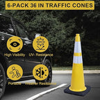 OrangeStar 6-Pack 36" Yellow Traffic Cones with Weighted Rubber Base, 2 Reflective Collars, Large Safety Cones for Parking Lot, Road Construction, Warehouse, Highway, Weatherproof PVC