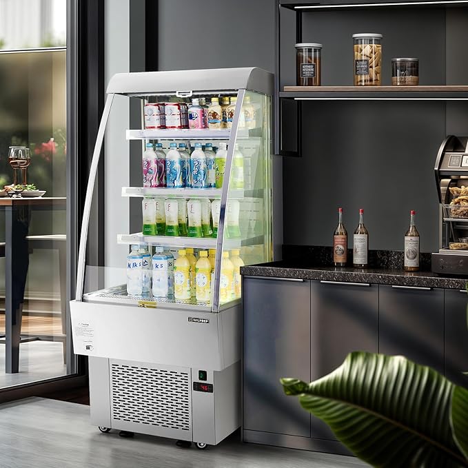 WILPREP Commercial Display Refrigerator, 24" Open Air Merchandiser with 8.1 cu. ft. Volume LED Lighting Night Curtain, Grab and Go Display Refrigerator Showcase for Store Cafe Bar Shop
