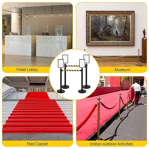 Therwen 12 Pcs Stanchions with 8.2 ft Retractable Belt Black Yellow Crowd Control Stanchions Set and Stanchion Post Sign Easy to Assemble Line Dividers Queue Ropes for Theaters, Weddings, Exhibitions