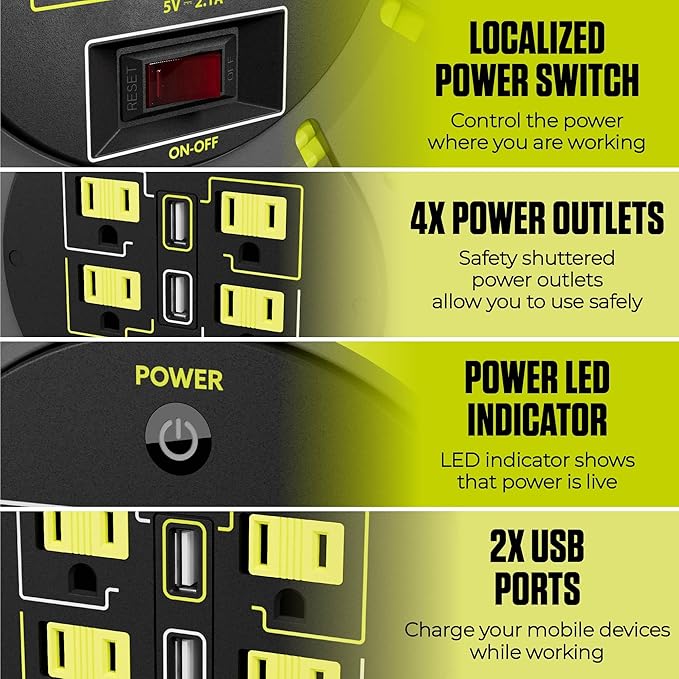 Masterplug 50ft Cord Reel, Retractable Extension Lead with Winding Handle, Safety Overload Circuit Breaker and Power Switch, 4X Grounded Outlets, 2X USB Ports, 13amps, 14AWG Cable