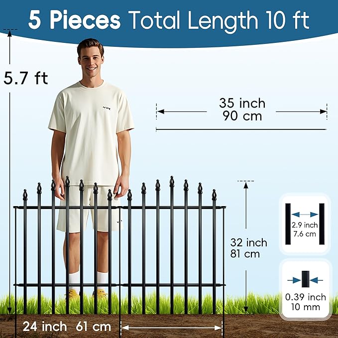Metal Garden Fence 32" H x 24" W (5 Panels, 10 Ft Total) Rustproof Animal Barrier No Dig Decorative Fencing for Dogs,Pet, Yard,& Patio, Easy Installation