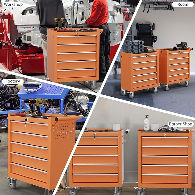 5-Drawer Tool Chest,Rolling Tool Cart with Wheels,High Capacity Tool Cabinet with Locking System for Garage, Warehouse, Workshop-Orange