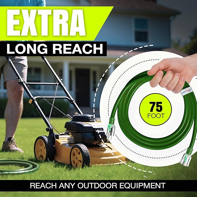 75ft Outdoor/Indoor Extension Cord 14/3 Gauge Heavy Duty 3 Prong SJTW, Waterproof, Flexible Cold-Resistant Long Power Cord,13A 125V 1625W, Green by LifeSupplyUSA