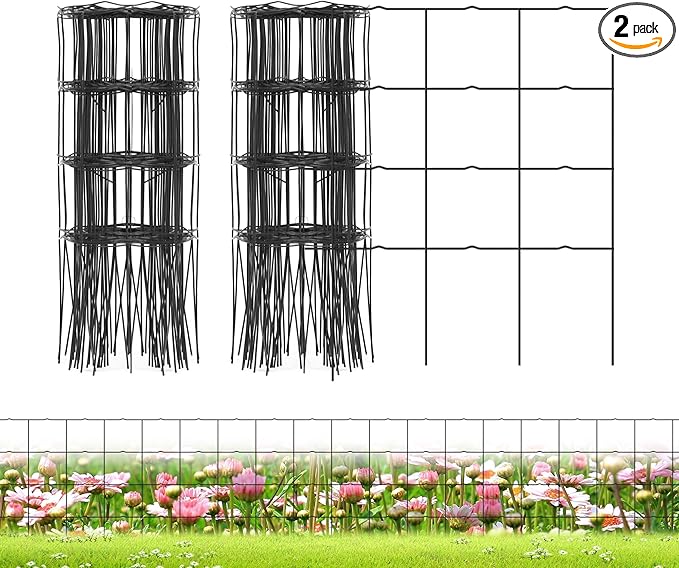Decorative Garden Fence Border Rolls, Total 14 in x 40 ft 2 Pack Metal Folding Flat Wire Fencing for Yard, Black PVC Coated Outdoor Patio Landscape Flower Bed Edging