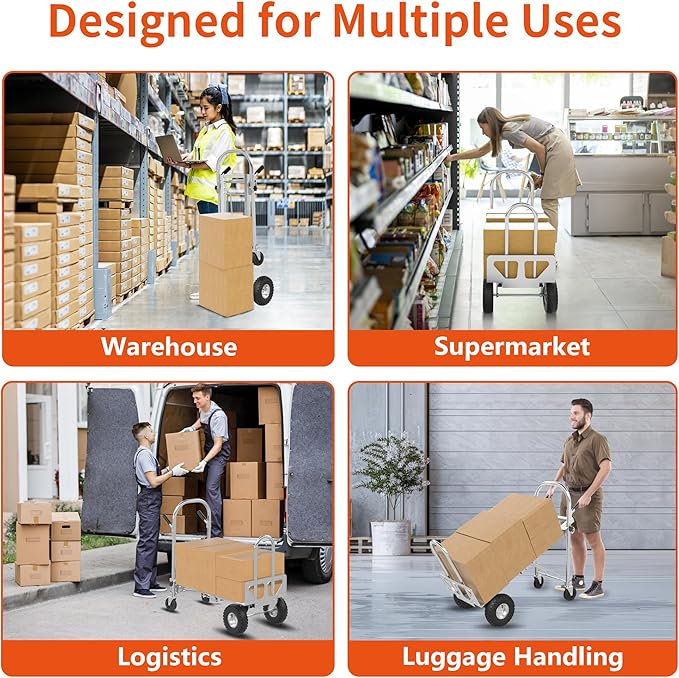 1000 LBS Dolly Cart with Wheels, 4 in 1 Folding Hand Truck, Stainless Steel Heavy Duty Industrial Convertible Hand Cart, Utility Collapsible Hand Truck Dolly for Warehouse, Home, Office, Etc