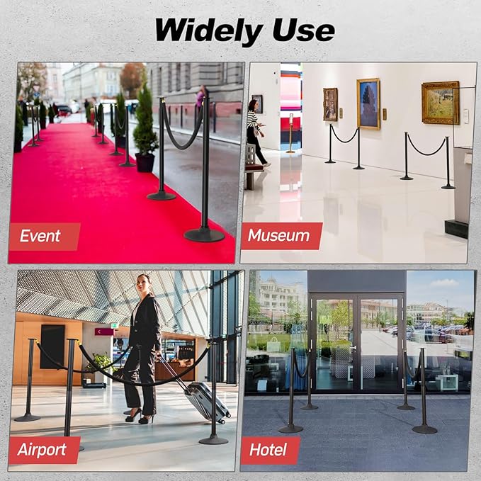 BATTIFE Plastic Stanchion Posts with Three Black Velvet Ropes and Weighted Rubber-Plastic Base, Crowd Control and Queue Management Barrier Poles for Party, Event, Red Carpet (4 Pack)