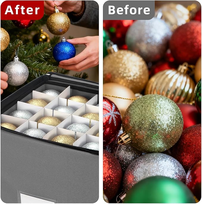 inin Christmas Ornament Storage Box with Adjustable Dividers,Christmas Ornaments Organizer with Zippered Top,Storage Container Bin for Holiday Decorations(64 Ball, Gray, with Tray)