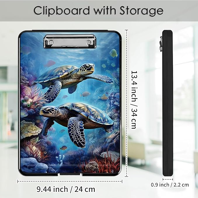 Clipboard with Storage,Office Supplies Nursing Clipboards Folder with Pen Holder Plastic Foldable Clip Board with Storage for Nurse Teacher,Turtle in Sea