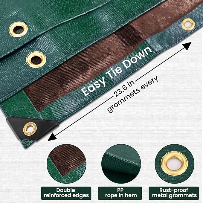 Tarp 10x20 Feet 16 Mil Heavy Duty Waterproof Tarp, Large Multipurpose Cover with Brass Grommets and Reinforced Edges, UV Resistant Thick Poly Tarps for Outdoor Camping Tent Pool Car, Green