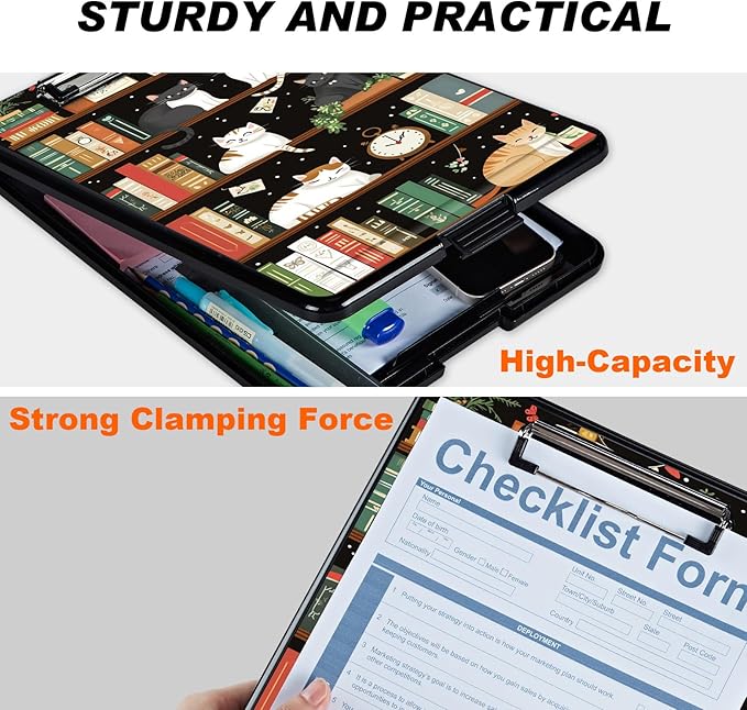 Clipboard with Storage, Hard Letter A4 Size Clip Board with Pen Holder & Paper Organizer, Heavy Duty Portable Writing Pad for Nurses Students Teachers Office Jobsite Contractor, Bookshelf Cat