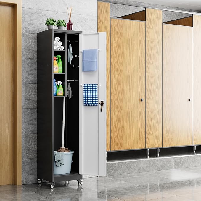 Aobabo 72" H Broom Closet Storage Cabinet, Lockable Metal Cleaning Storage Cabinet with Hooks for Home, Assembly Required Black Gray