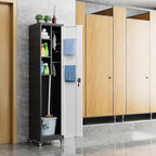 Aobabo 72" H Broom Closet Storage Cabinet, Lockable Metal Cleaning Storage Cabinet with Hooks for Home, Assembly Required Black Gray
