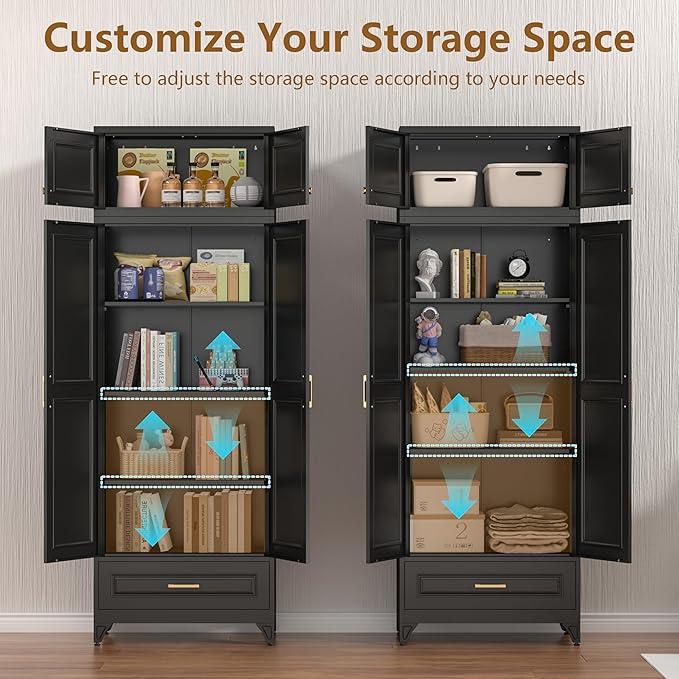Kitchen Cabinet, 90" Tall Metal Storage Cabinet, Food Pantry cabinets with One Drawer, Black Pantry Cabinet for Dining, Living Room, 16" D x 32" W x 90" H, Assembly Required