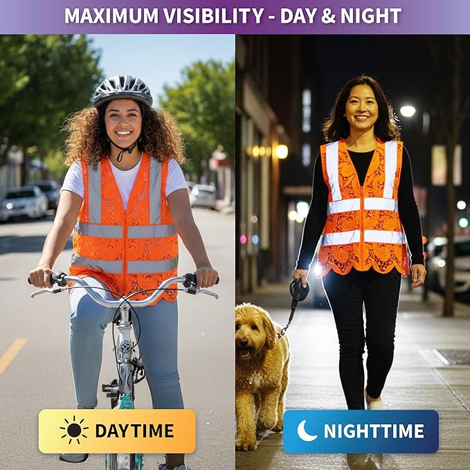Lace-Mesh Safety Vest for Women & Men - Breathable, High Visibility Vest with Zipper & ANSI Class 2 Reflective Strips
