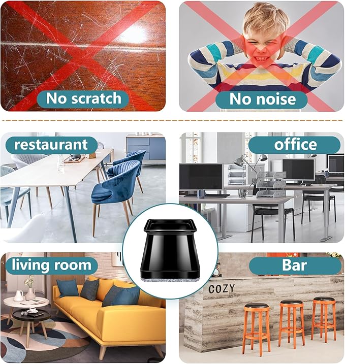 24 Pcs Chair Leg Floor Protectors Square,Black Silicone Felt Furniture Leg Pads Caps Covers for Hardwood Floors(Fit:1-1/16" to 1-5/8")