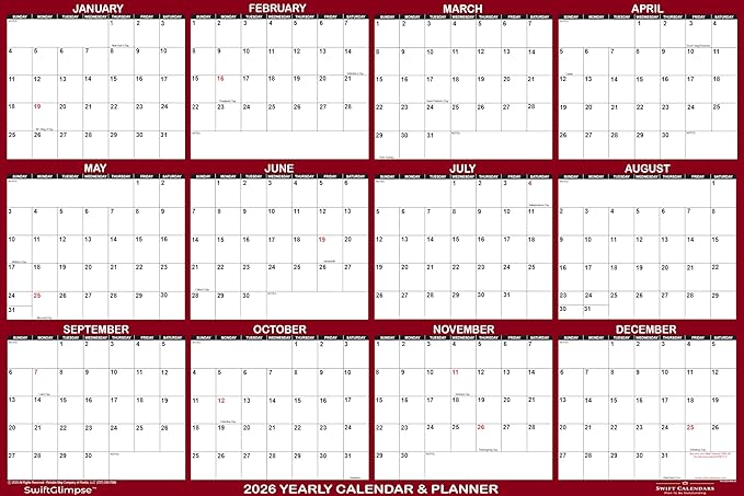 32" x 48" SwiftGlimpse 2026 Wall Calendar Erasable Jumbo XL Wet & Dry Erase Laminated 12 Month Annual Yearly Wall Planner, Reversible, Horizontal/Vertical, Maroon
