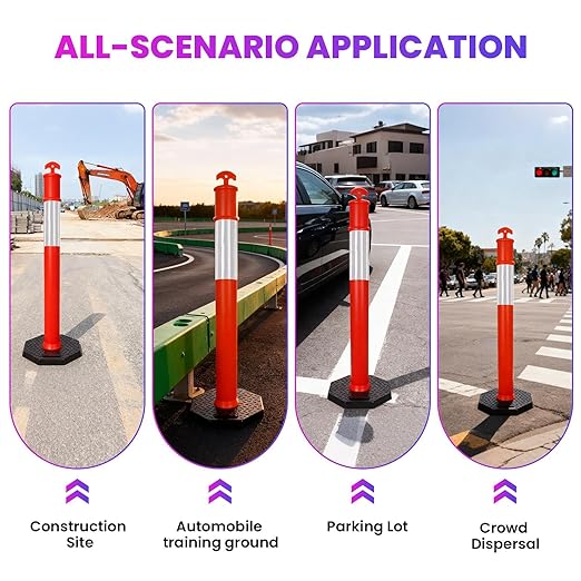 46” Traffic Delineator Post Cones with Stable Carbon Steel Base and Reflective Bands, Channelizer Post Kit, Delineator Post for Road Safety and Event Management (3 Pack)