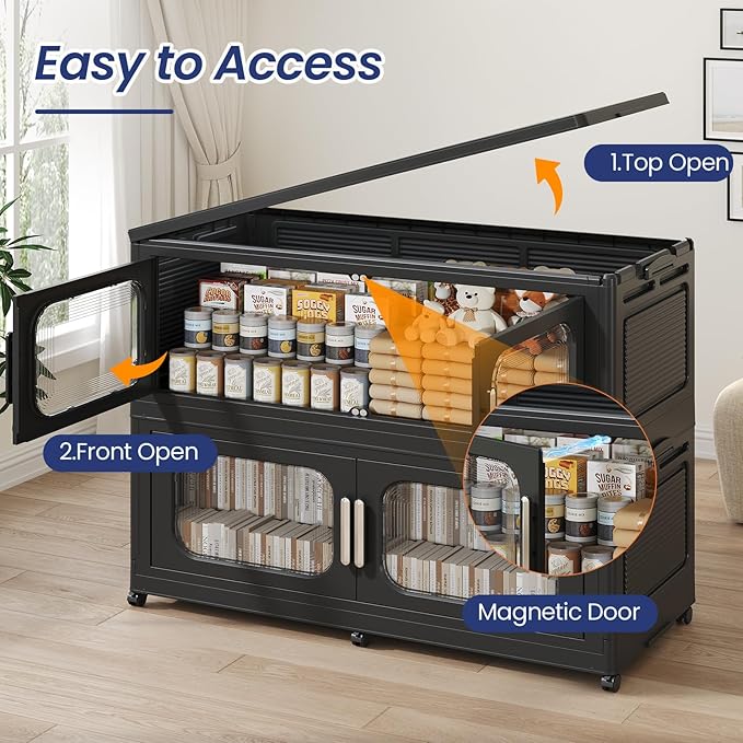 250Gal Exra Large Stackable Storage Bins with Lid, 1000QT Collapsible Storage Box with 6x Wheels, Folding Plastic Cabinet Container with Door Drawer for Home Kitchen Office Dorm, 5Pack Black