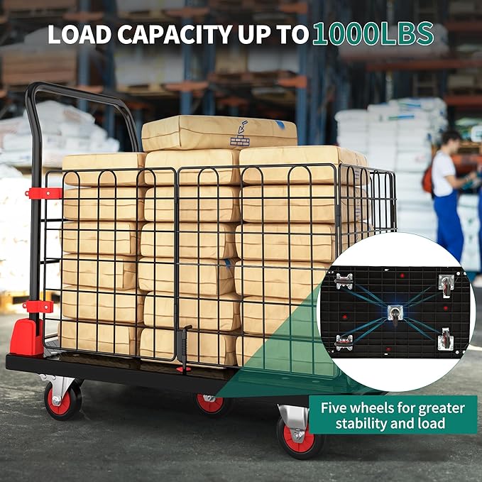 YITAHOME Platform Truck Cart with Cage, 42 x 26 in 1000LBS Capacity Folding Cart with Wheels,Heavy Duty Hand Moving Cart,Foldable Dolly Cart with Basket for Warehouse Luggage Moving