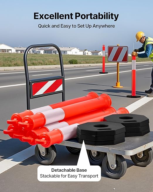 VEVOR 6 Pack Traffic Delineator Posts, 48 inches Traffic Safety Cones with Weighted Base and Reflective Strips, Heavy Duty Delineator Posts for Construction Site, Parking Lot, Crowd Control, Red
