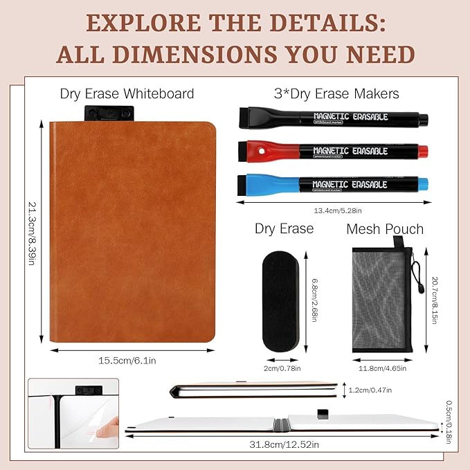 A5 Portable White Board Dry Erase Notebook, PU Leather Shell Double Sided Folding Whiteboards with 3 Pens, 8.4" x 6" Mini Dry Erase Board for Study, Meeting, Planning,doodling,Gift for Child